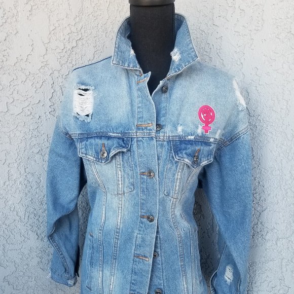 FAshion Nova LGBTQ distressed denim jacket - Picture 3 of 13